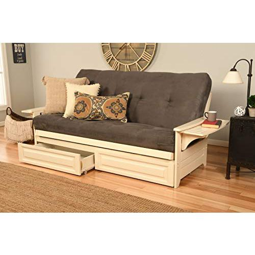 Phoenix Frame-Antique White Finish-Suede Gray Mattress-Storage Drawers - Solid Hardwood Futon Sofa Bed