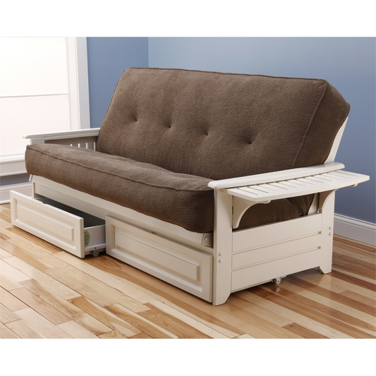 Phoenix Frame/Antique White Finish/Marmont Mocha Mattress/Storage Drawers - Convertible Futon Sofa Bed