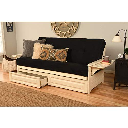 Upgrade Your Space with the Phoenix Frame Futon - Antique White Finish - Suede Black Mattress - Storage Drawers