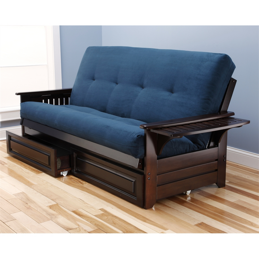 Phoenix Frame-Espresso Finish-Suede Navy Mattress-Storage Drawers - Versatile and Stylish Futon for Your Living Space