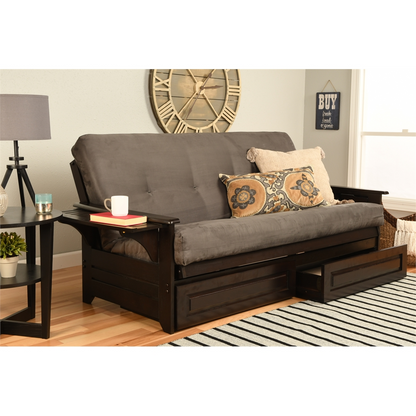 Phoenix Frame-Espresso Finish-Suede Gray Mattress-Storage Drawers - Versatile and Stylish Futon