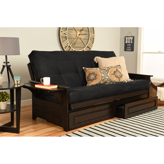 Phoenix Frame-Espresso Finish-Suede Black Mattress-Storage Drawers | Versatile Futon Sofa Bed