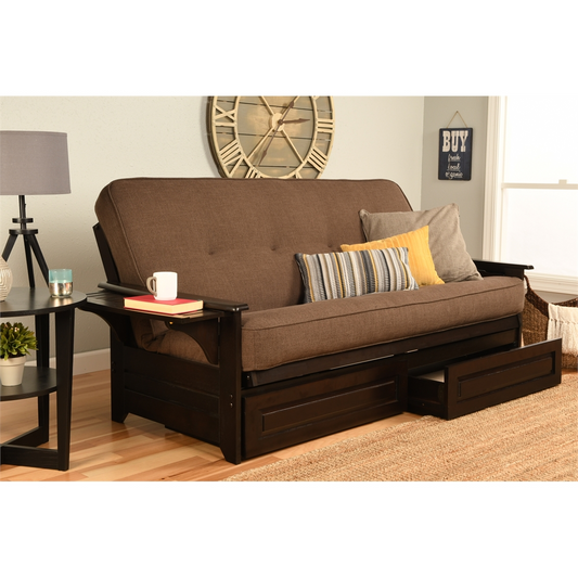 Phoenix Frame-Espresso Finish-Linen Cocoa Mattress-Storage Drawers - Classic Hardwood Futon Sofa Bed