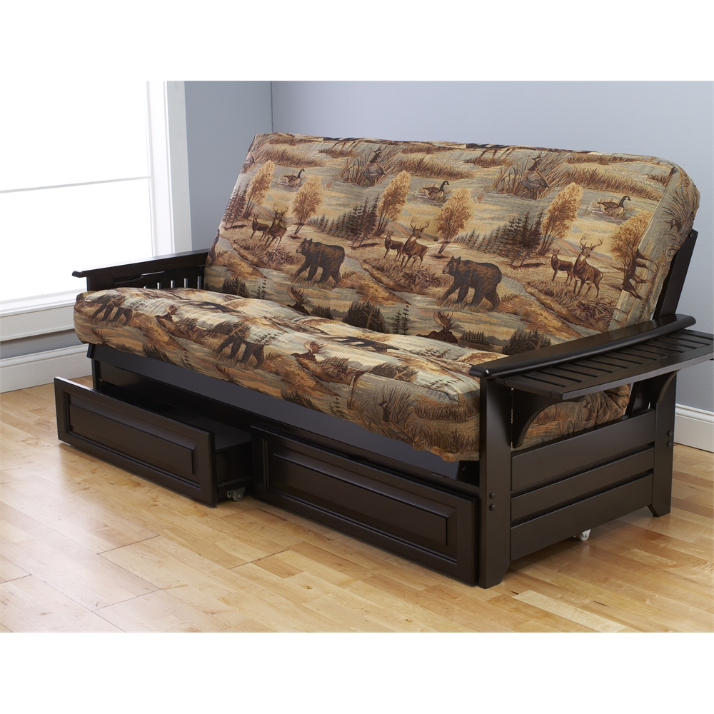 Phoenix Frame-Espresso Finish-Canadian Mattress-Storage Drawers - Versatile Hardwood Futon Sofa Bed