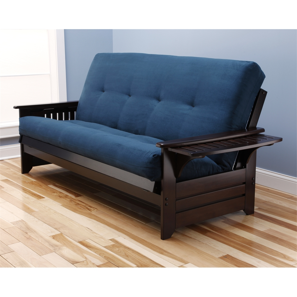 Phoenix Frame-Espresso Finish-Suede Navy Mattress - Classic Hardwood Futon | Full Size Sofa Bed