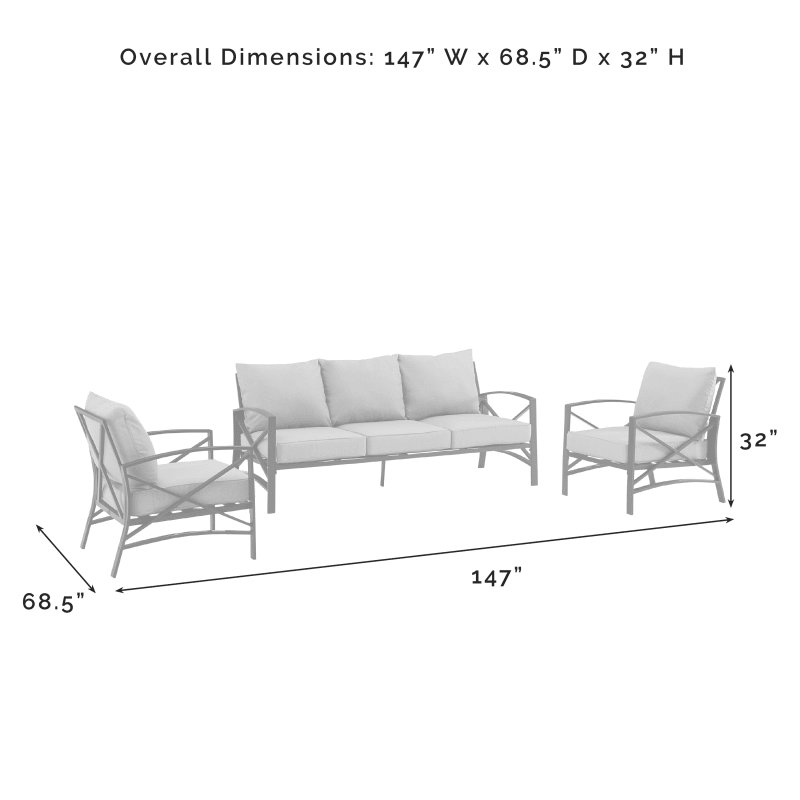 Kaplan 3-Piece Outdoor Metal Sofa Set Gray/White - Sofa & 2 Arm Chairs