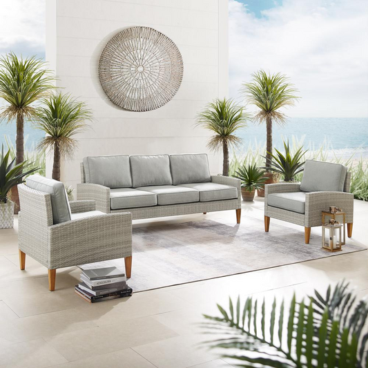 Capella Outdoor Wicker 3Pc Sofa Set Gray/Acorn - Coastal Design, All-Weather Resin Wicker