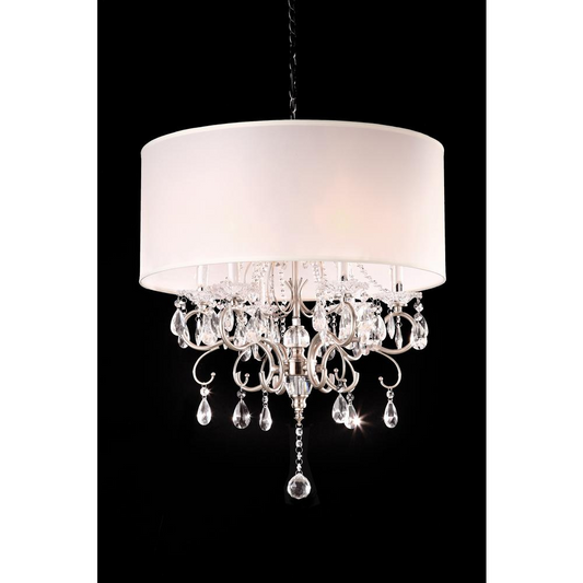 Crystal Silver Chandelier - Elegant Shade, Polished Metal Arms, Dangling Glass Crystals