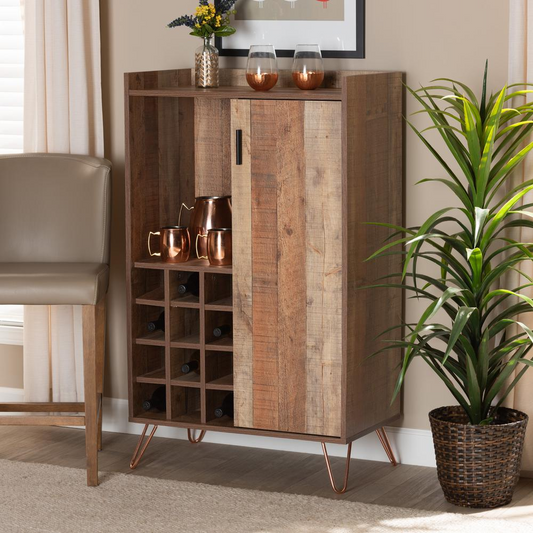 Rustic Brown Finished Wood and Black Metal Wine Storage Cabinet - Stylish and Functional