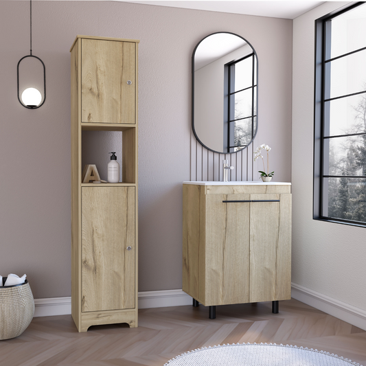 Hartford 2 Piece Bathroom Set, Linen Cabinet + Bathroom Vanity, Light Oak