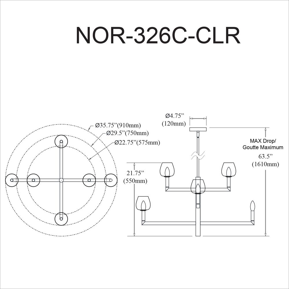 Contemporary Nora Chandelier | 6LT Chandelier, PC, CLR Glass