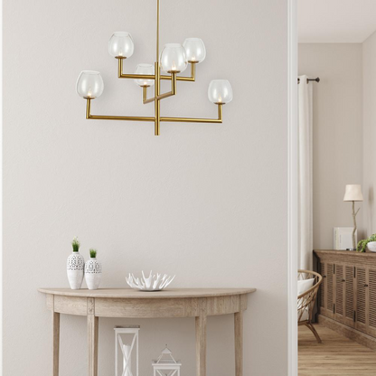 6LT Chandelier, AGB, CLR Glass - Contemporary Linear Design with Vintage Elements