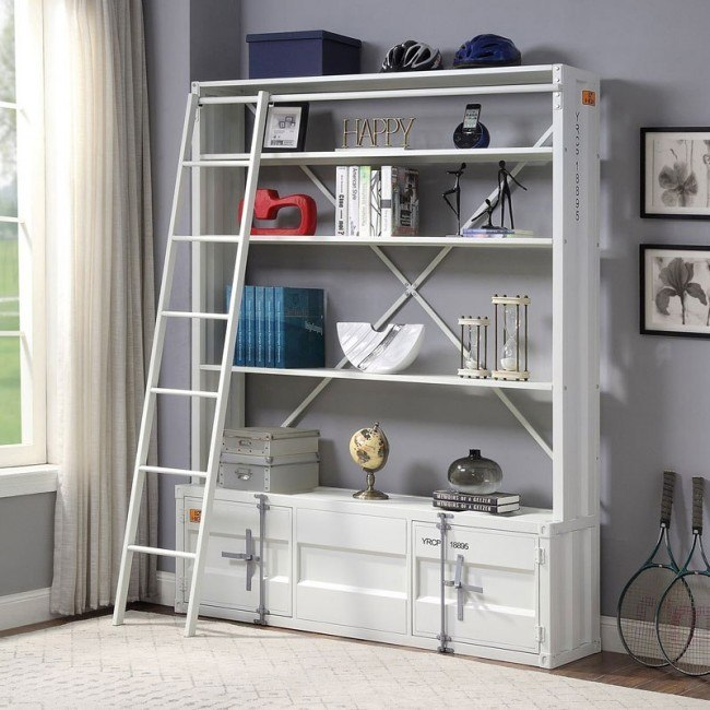 83" White Four Tier Cargo Style Bookcase with Cabinets and Ladder