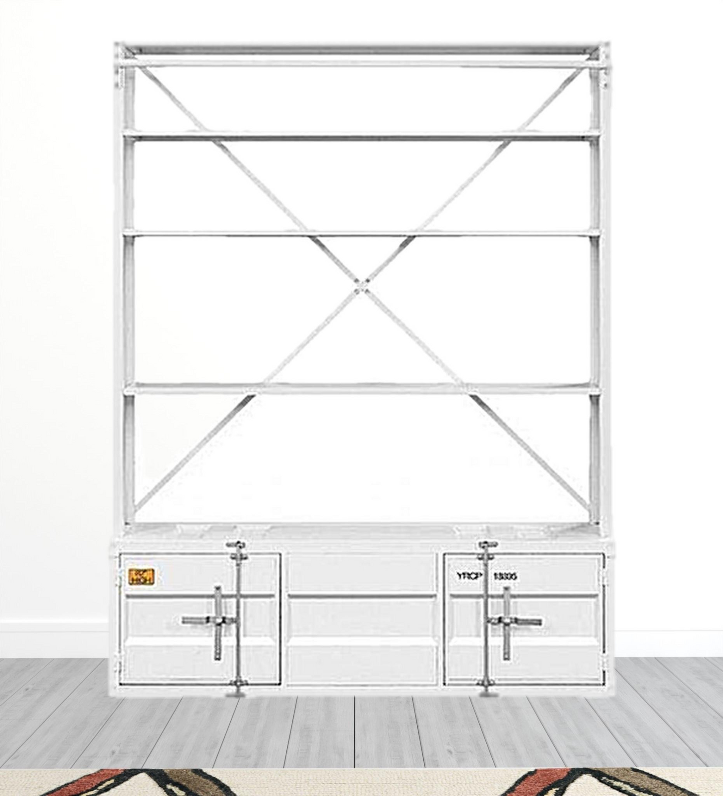 83" White Four Tier Cargo Style Bookcase with Cabinets and Ladder