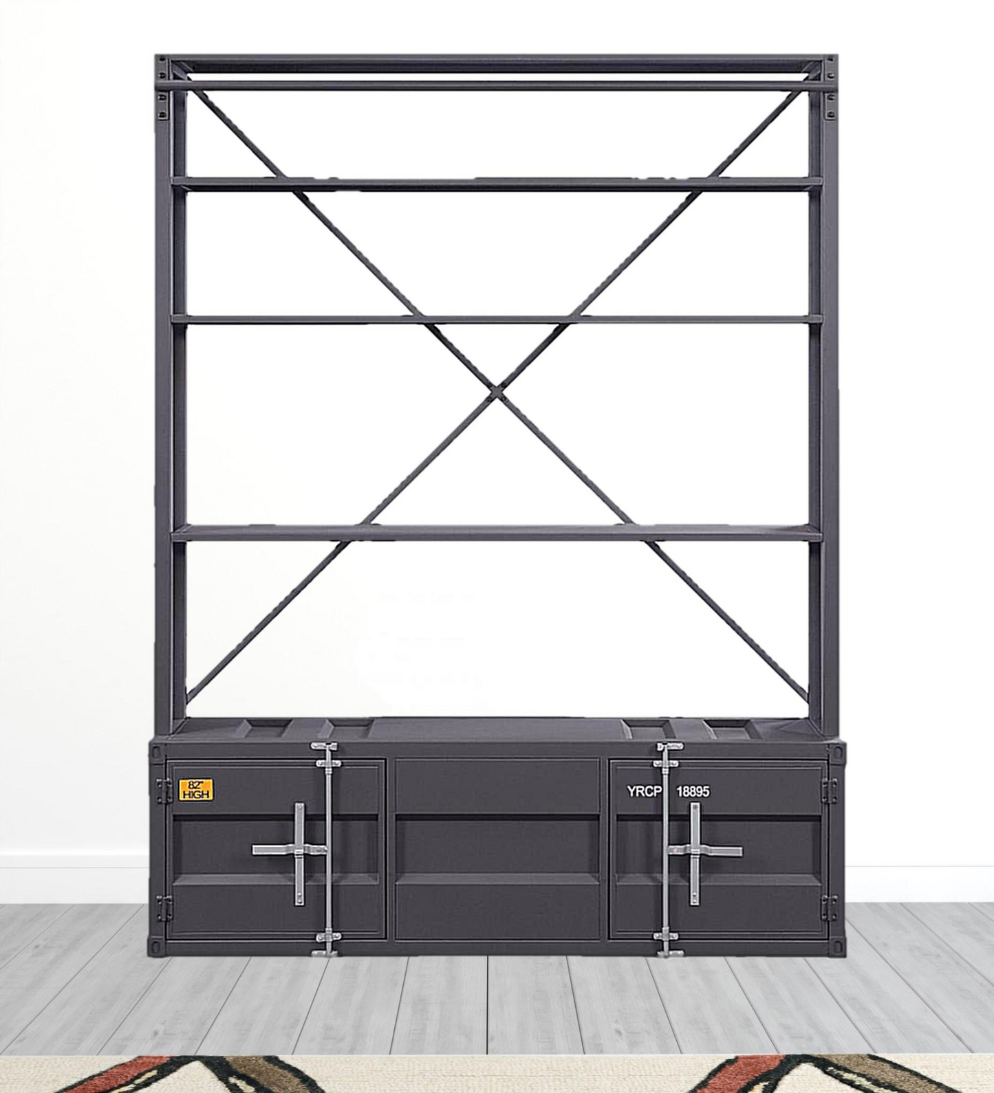 83" Gray Four Tier Cargo Style Bookcase with Cabinets and Ladder