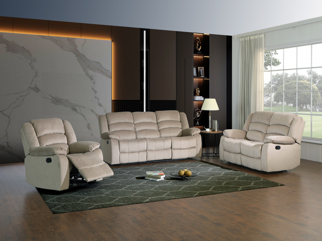 Luxurious Three Piece Indoor Beige Microsuede Six Person Seating Set