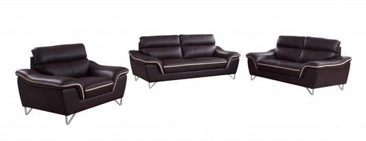 Three Piece Indoor Brown Genuine Leather Six Person Seating Set - Comfort and Style in Your Living Space