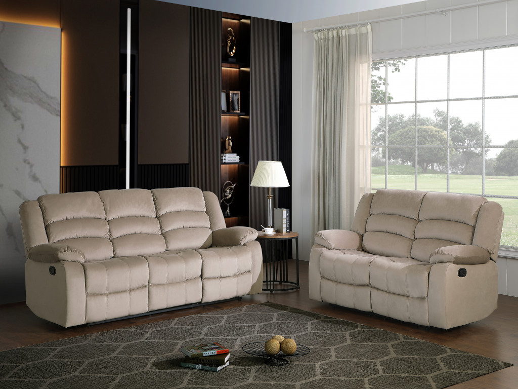 Experience Unparalleled Comfort with the Two Piece Indoor Beige Microsuede Five Person Seating Set