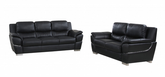 Two Piece Indoor Black Genuine Leather Five Person Seating Set - Elevate Your Living Space with Style and Luxury