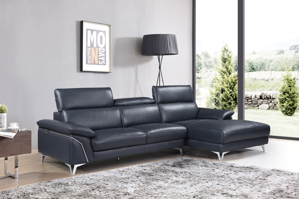 Navy Blue Italian Leather L Shaped Two Piece Sofa and Chaise Sectional - Elegant and Comfortable | Your Space Deserves Luxury