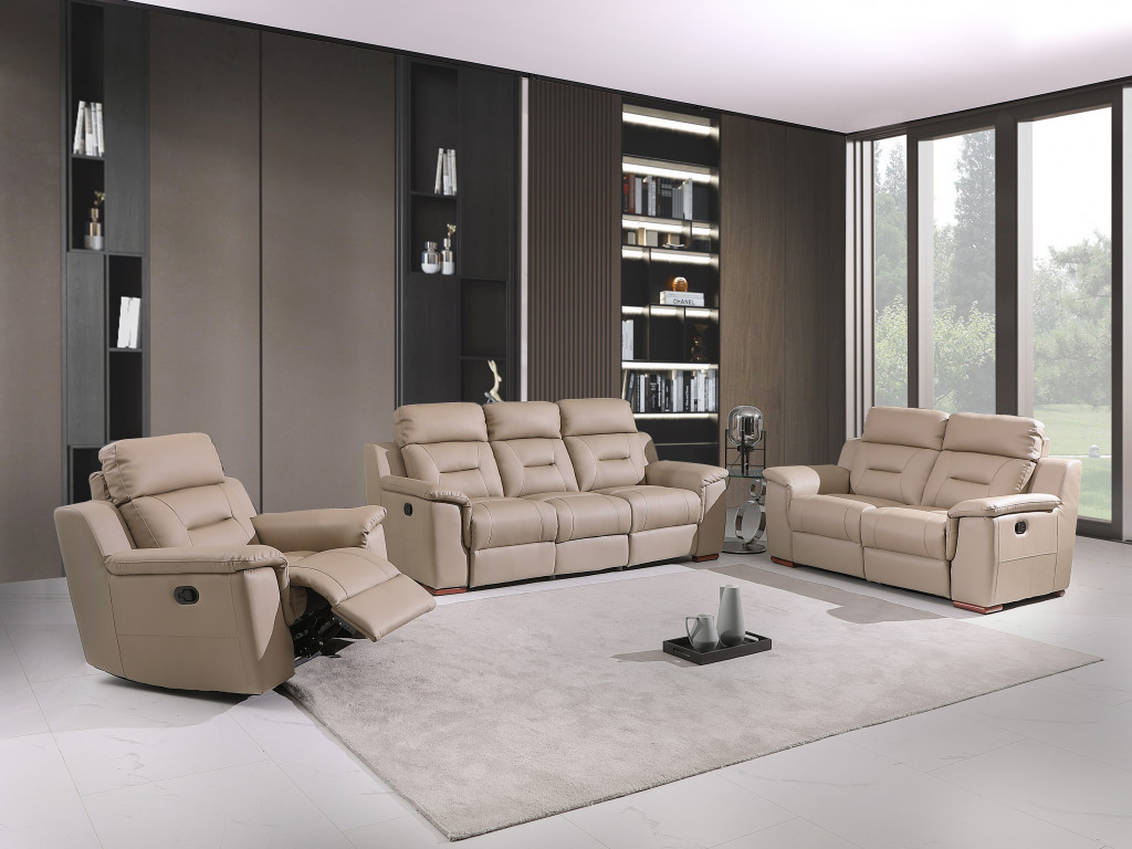 Transform Your Space into a Cozy Haven with Three Piece Indoor Beige Genuine Leather Five Person Seating Set