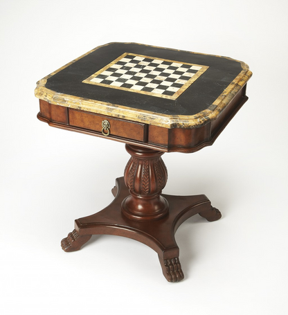 Fossil Stone Game Table - Exquisite Wood Carving and Reversible Game Board