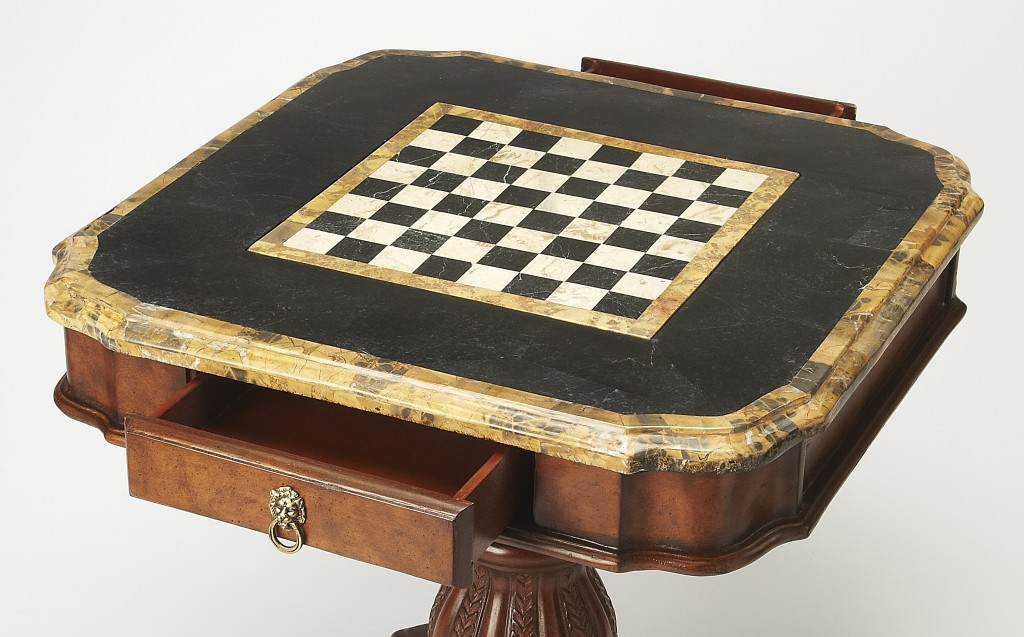 Fossil Stone Game Table - Exquisite Wood Carving and Reversible Game Board