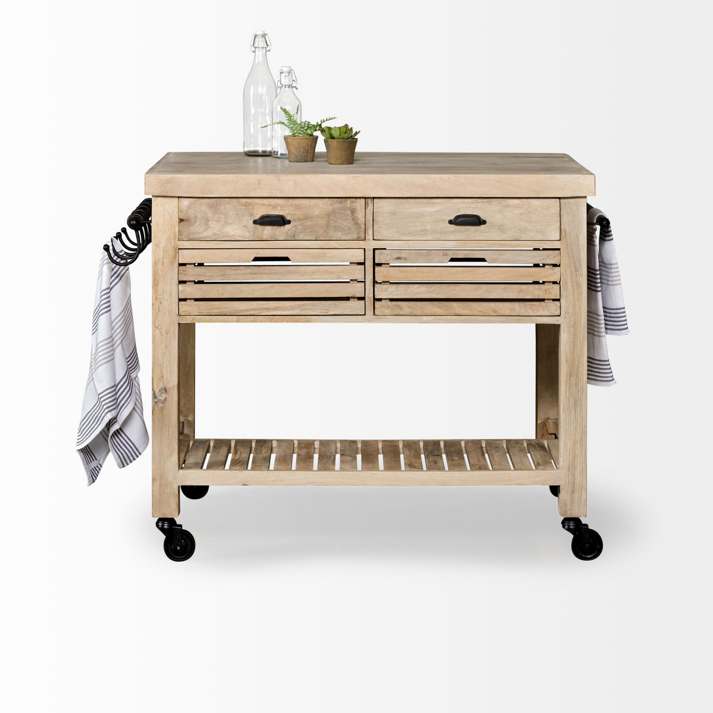 Modern Farmhouse Rolling Kitchen Island Or Bar Cart - Solid Wood, Storage Options, Towel Holders, Easy Mobility