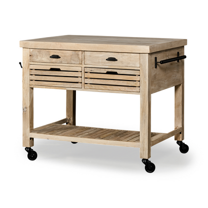 Modern Farmhouse Rolling Kitchen Island Or Bar Cart - Solid Wood, Storage Options, Towel Holders, Easy Mobility