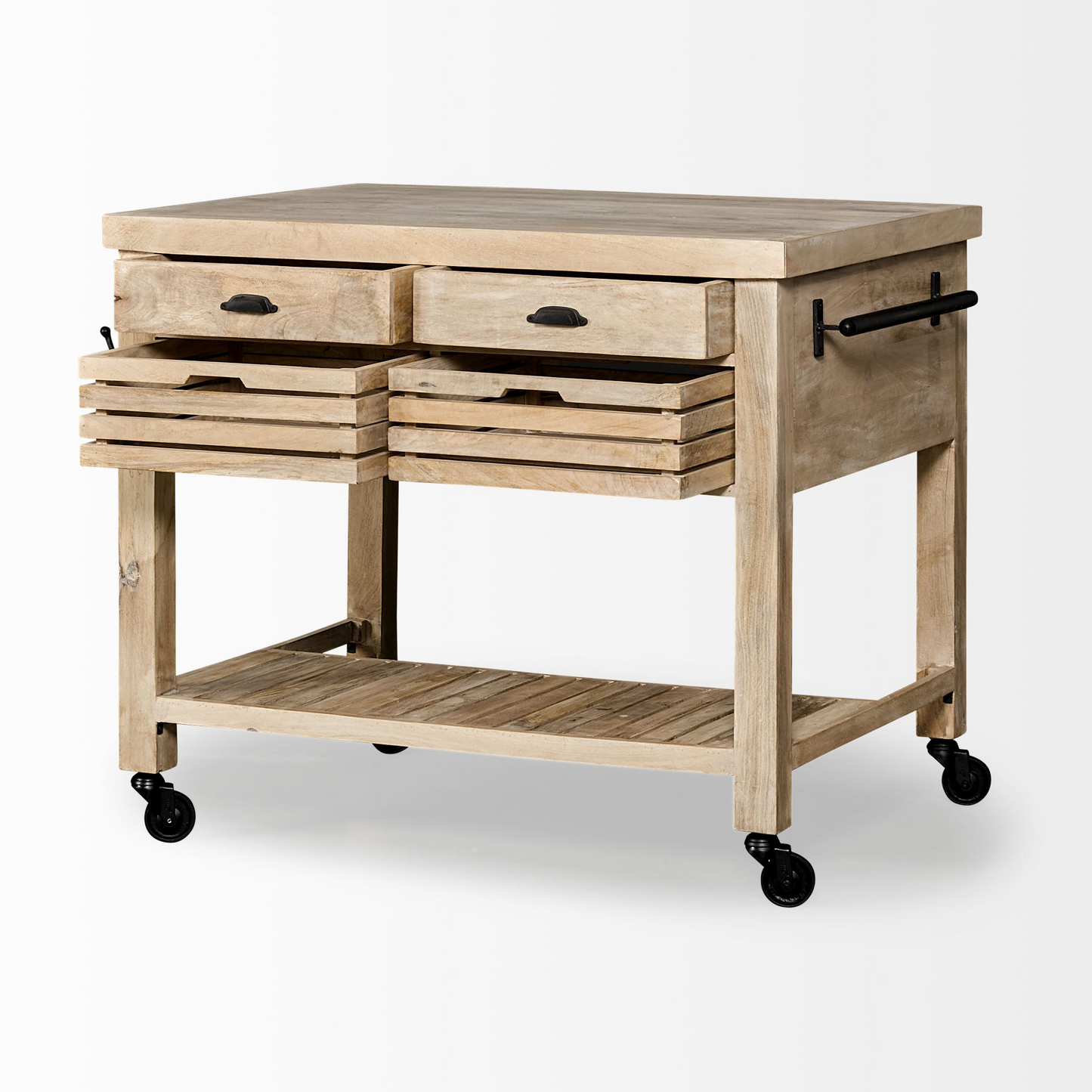 Modern Farmhouse Rolling Kitchen Island Or Bar Cart - Solid Wood, Storage Options, Towel Holders, Easy Mobility