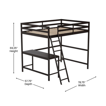 Riley Loft Bed Frame with Desk, Full Size Wooden Bed