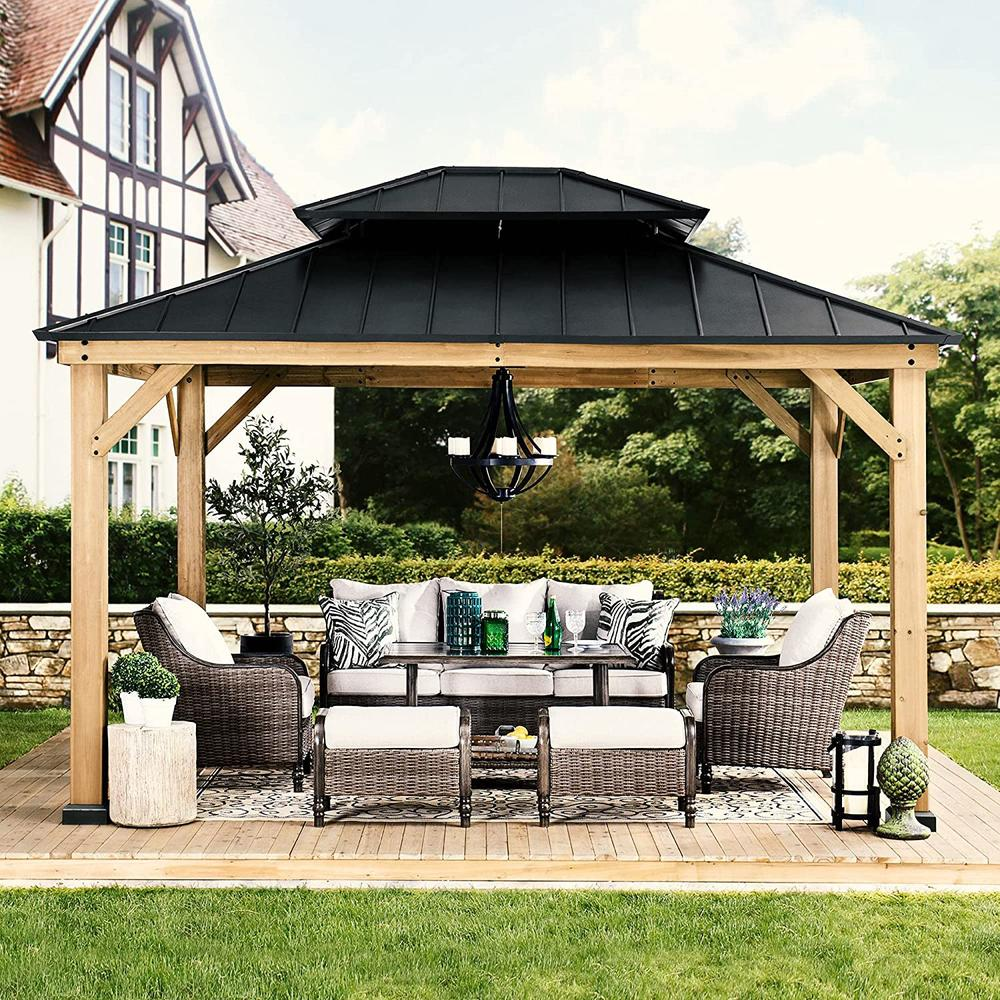 Outdoor Patio Cedar Framed Gazebo with Double Steel Hardtop Roof for Garden