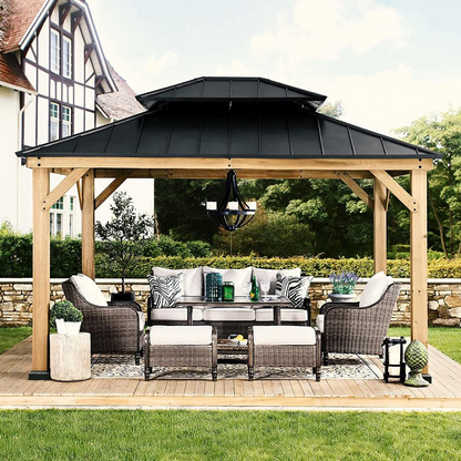 Outdoor Patio Cedar Framed Gazebo with Double Steel Hardtop Roof for Garden