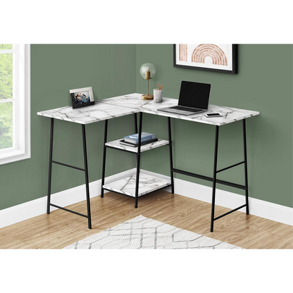 Industrial-Style L-Shaped Computer Desk with Storage Shelves - White Marble Finish