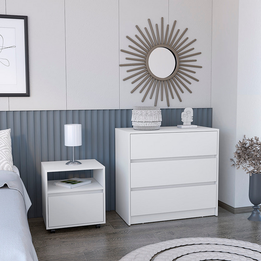 Milford 2 Piece Bedroom Set: Sleek Nightstand + Dresser in White Finish