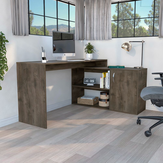 Desti L-Shaped Desk with Single Door Cabinet and Dark Brown Finish