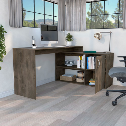 Desti L-Shaped Desk with Single Door Cabinet and Dark Brown Finish