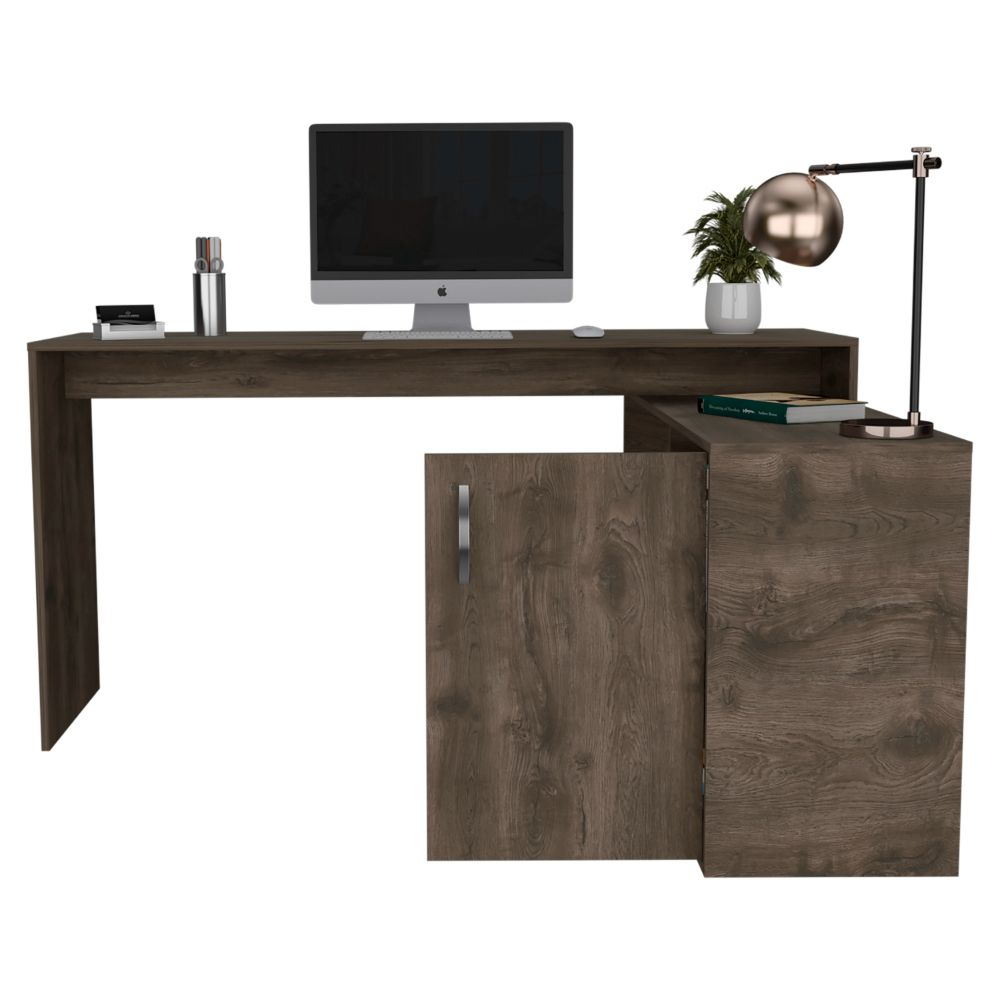 Desti L-Shaped Desk with Single Door Cabinet and Dark Brown Finish