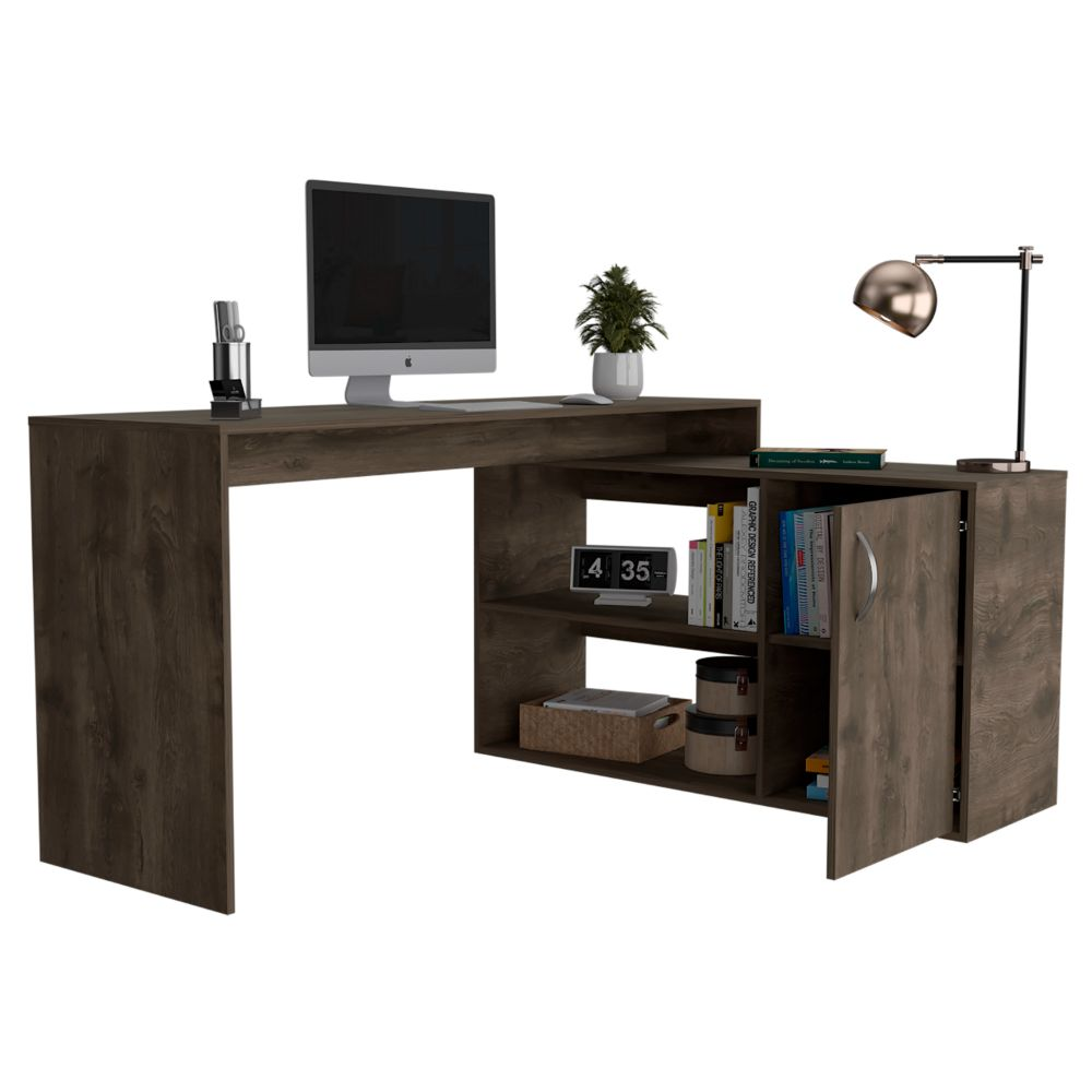 Desti L-Shaped Desk with Single Door Cabinet and Dark Brown Finish