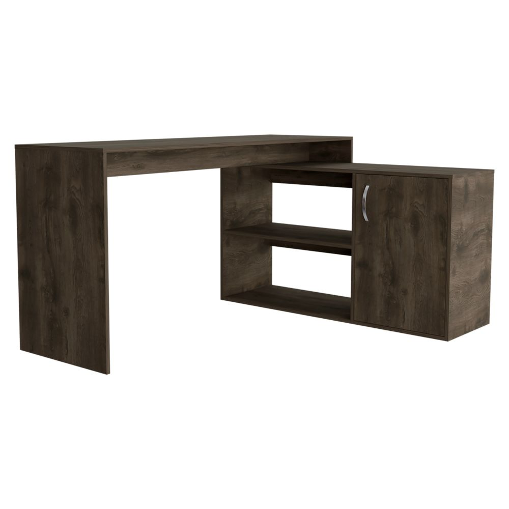 Desti L-Shaped Desk with Single Door Cabinet and Dark Brown Finish