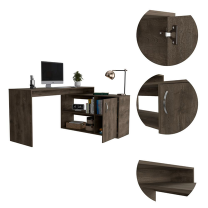 Desti L-Shaped Desk with Single Door Cabinet and Dark Brown Finish