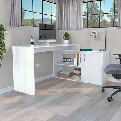 L-Shaped Desk Desti, Single Door Cabinet, White Finish - Modern and Functional Work-From-Home Solution