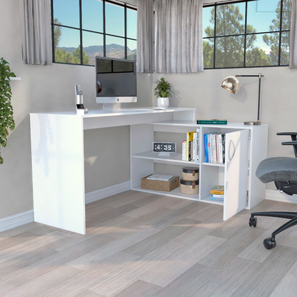 L-Shaped Desk Desti, Single Door Cabinet, White Finish - Modern and Functional Work-From-Home Solution