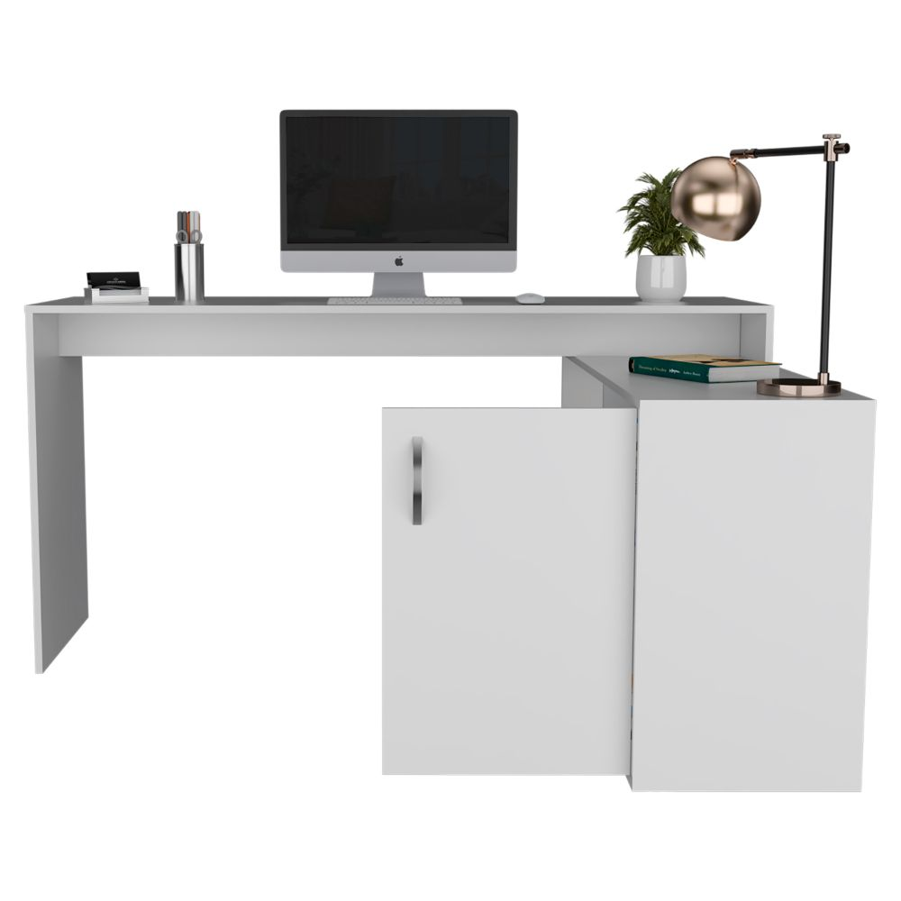 L-Shaped Desk Desti, Single Door Cabinet, White Finish - Modern and Functional Work-From-Home Solution