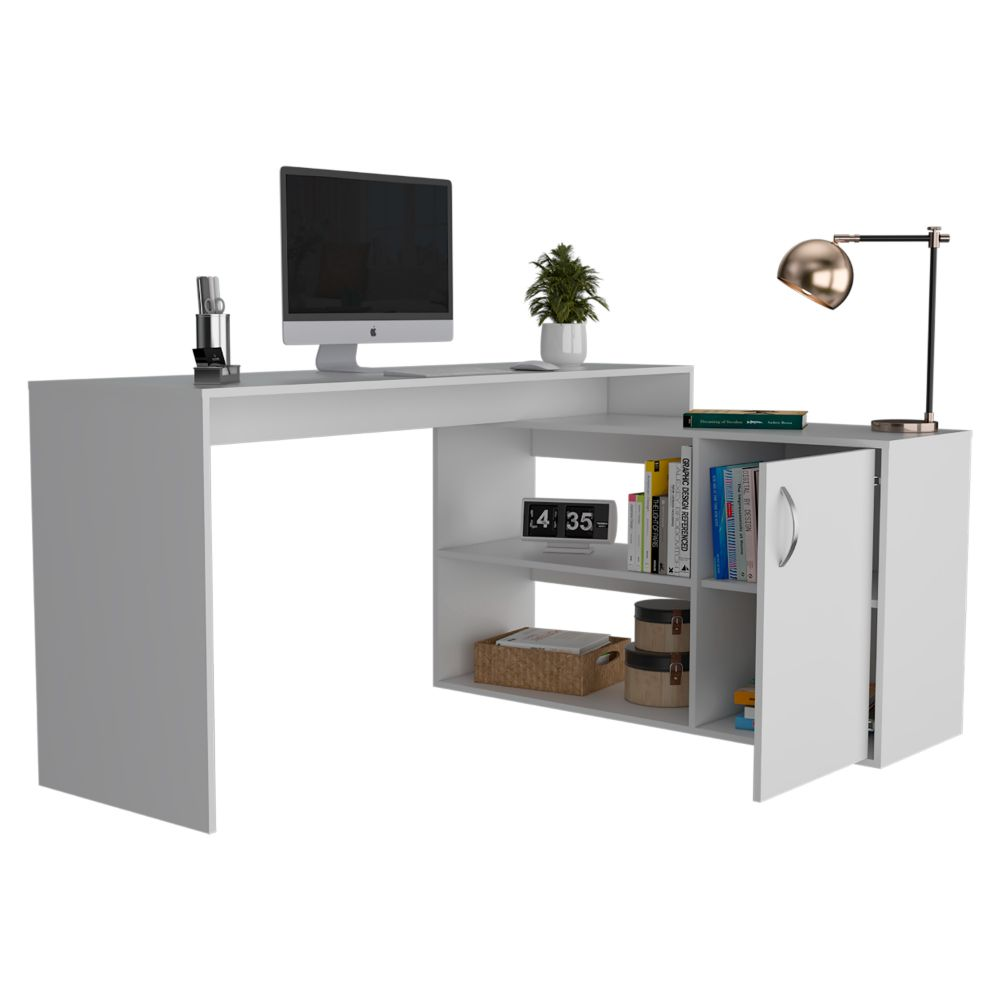 L-Shaped Desk Desti, Single Door Cabinet, White Finish - Modern and Functional Work-From-Home Solution