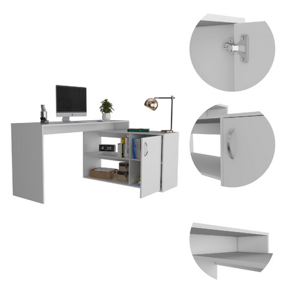 L-Shaped Desk Desti, Single Door Cabinet, White Finish - Modern and Functional Work-From-Home Solution