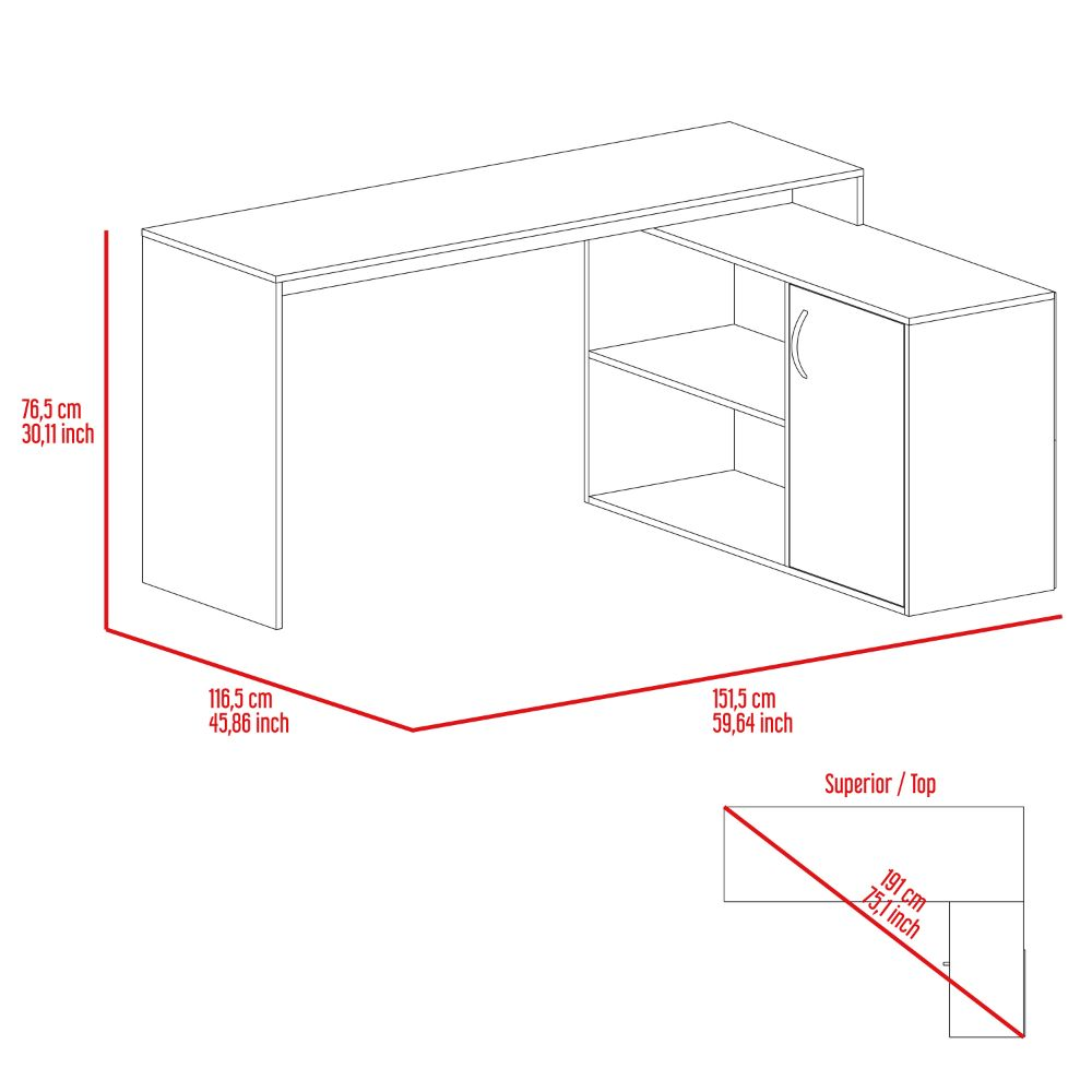 L-Shaped Desk Desti, Single Door Cabinet, White Finish - Modern and Functional Work-From-Home Solution