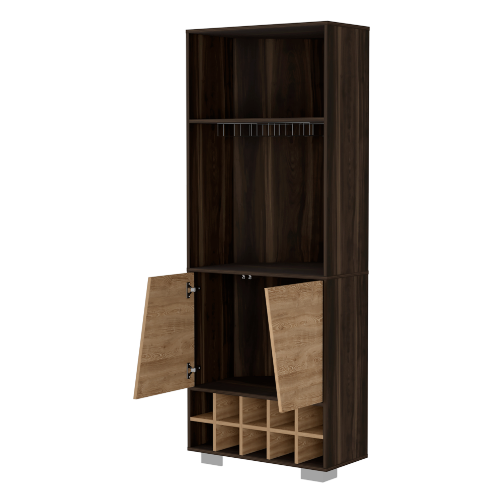 Corner Bar Cabinet Albarr, Ten Wine Cubbies, Two Shelves, Double Door - Dark Oak / Pine - Navarrete Furniture