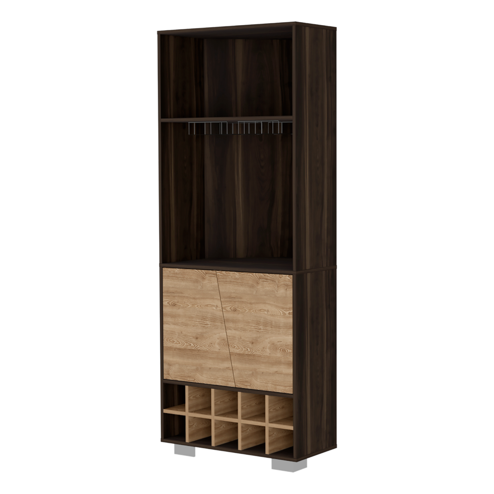 Corner Bar Cabinet Albarr, Ten Wine Cubbies, Two Shelves, Double Door - Dark Oak / Pine - Navarrete Furniture