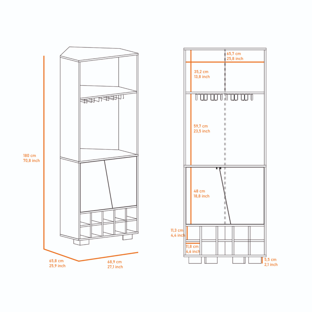 Corner Bar Cabinet Albarr, Ten Wine Cubbies, Two Shelves, Double Door - Dark Oak / Pine - Navarrete Furniture